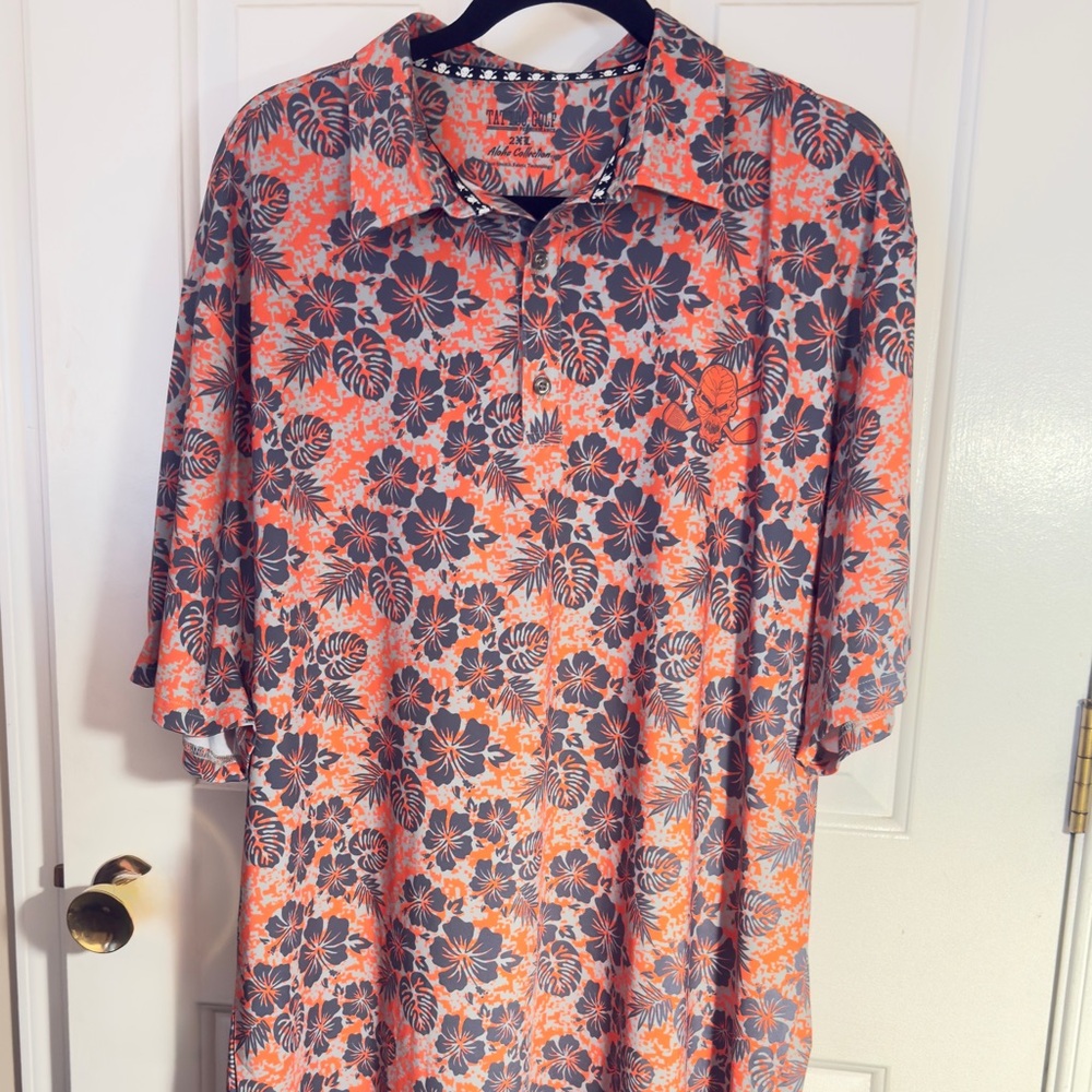 Tropical Floral Men's Polo Shirt in Gray and Orange